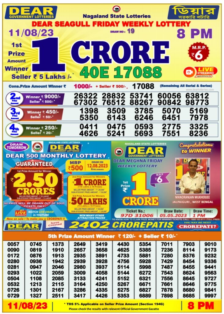 Lottery Sambad Today 13.8.2023 Result 1pm 6pm 8pm Nagaland State Lottery Winner List LIVE
Lottery Sambad Result Today 13 08 2023